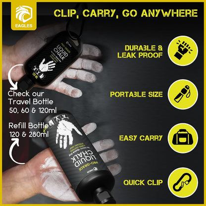 Pro Grade Gym Liquid Chalk 60, 120 or 280Ml & Clear Dry Hand Mess-Free Chalk for Weightlifting, Gymnastics Rock Climbing, Pole Grip, Sports Dries in Seconds - Sweat-Resistant and Long Lasting